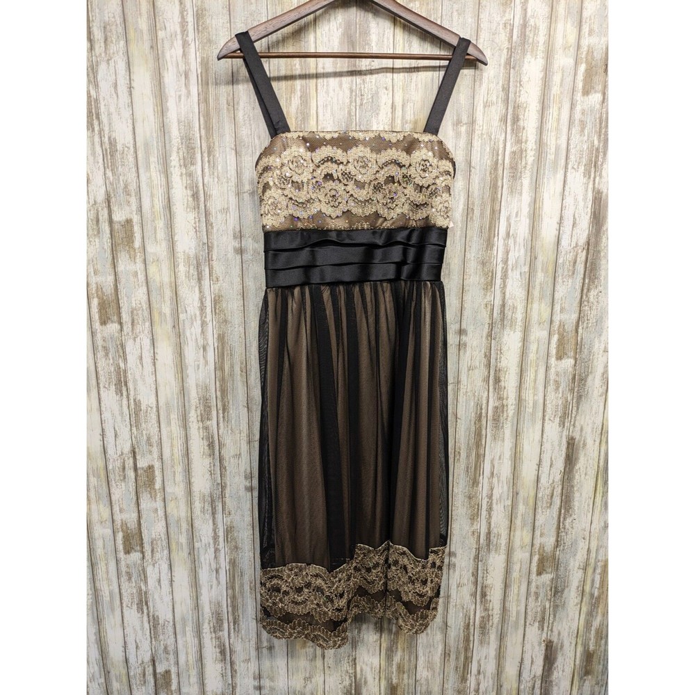 Dressbarn Collection Black Gold Lace Mesh Midi Cocktail Dress Tie Back Sz 12 NWT